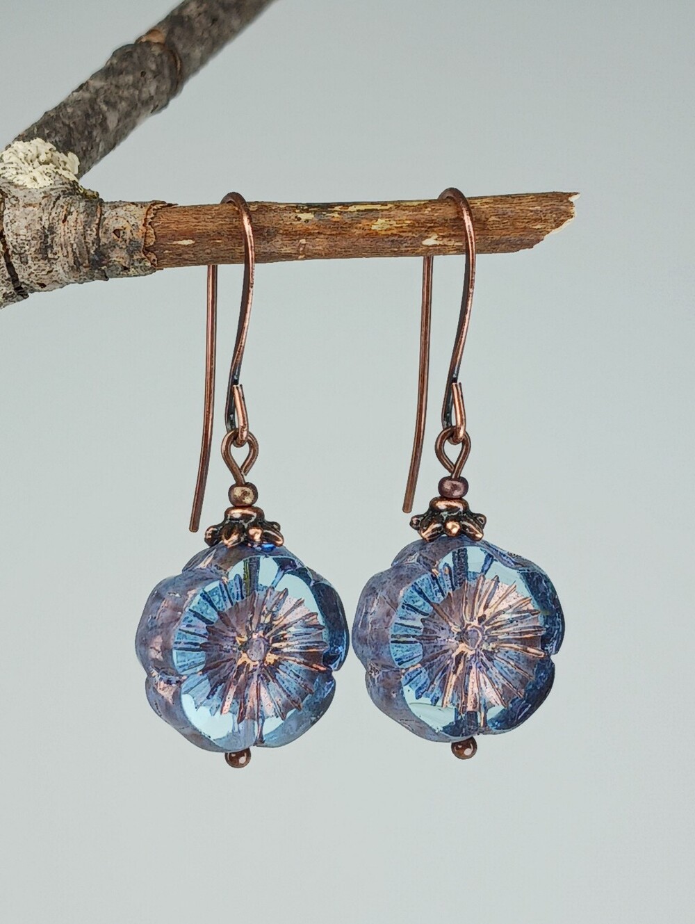 Blue Czech Glass Flower Earrings Copper Artisan Garden Jewelry Hand Crafted - Picture 3 of 7